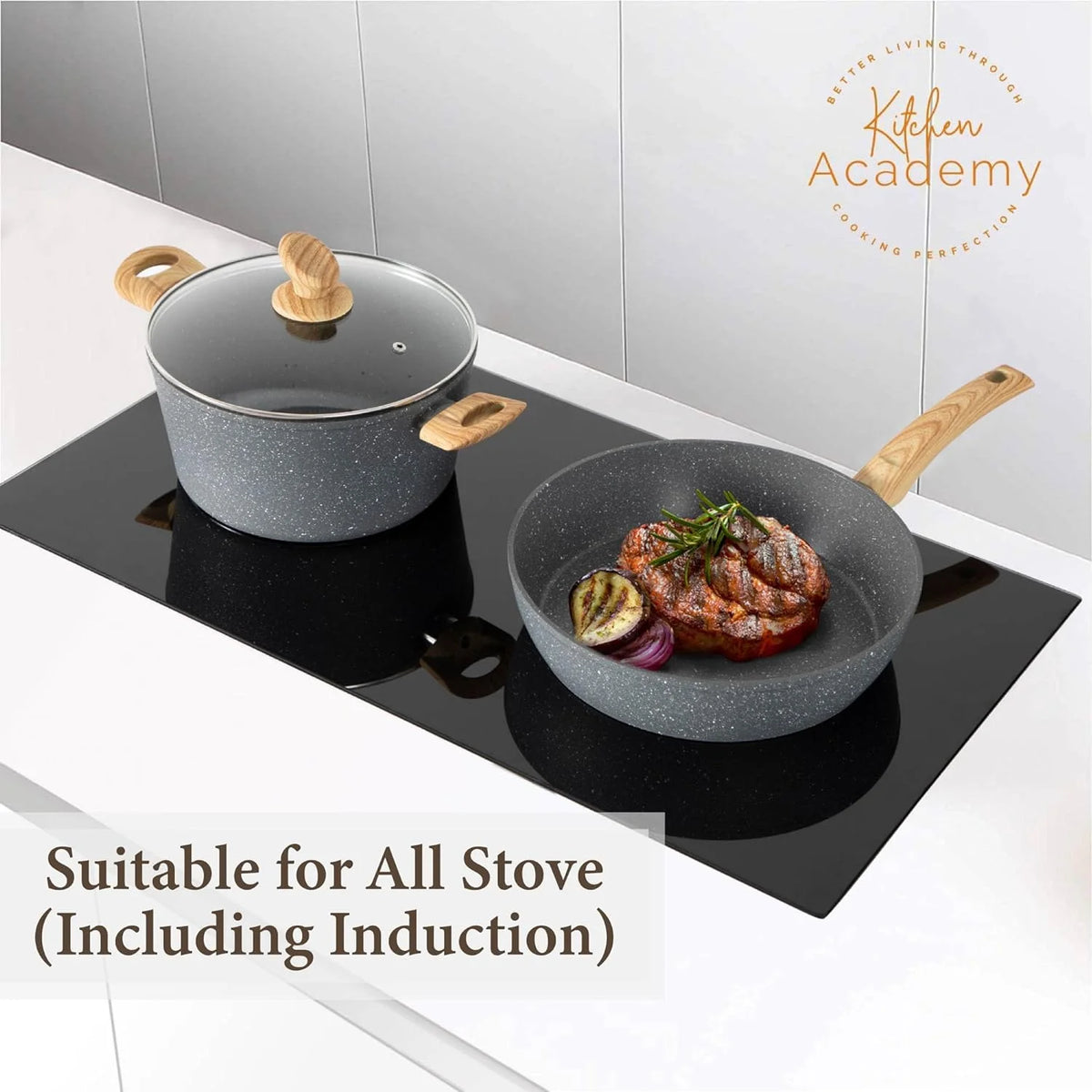 Kitchen Academy Induction Cookware Sets - 12 Piece Green Cooking Pan Set, Granite Nonstick Pots and Pans Set