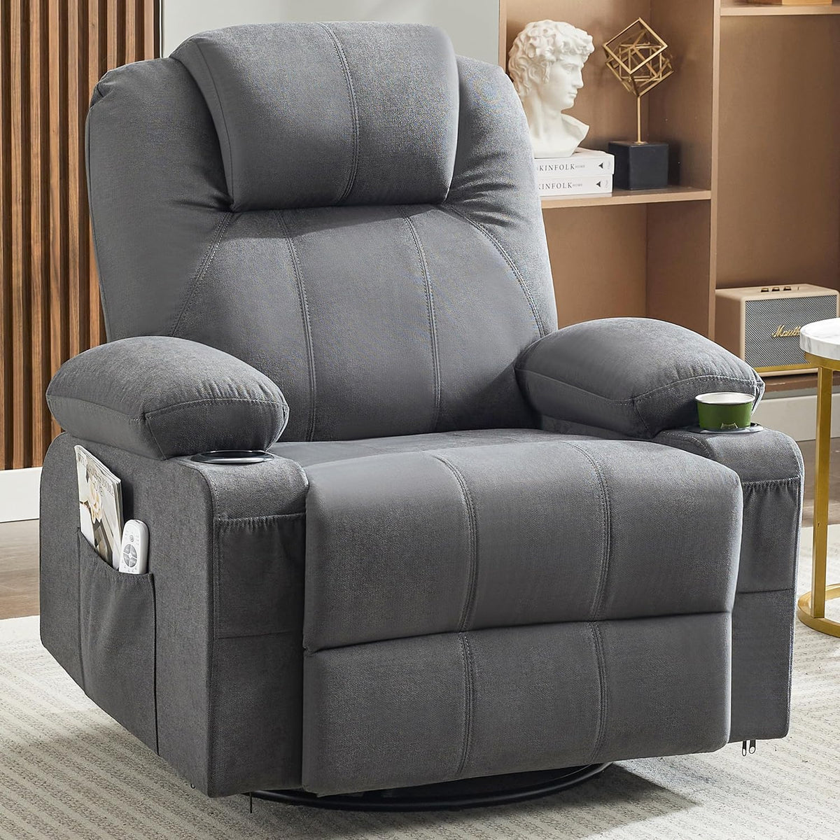 Oversized Swivel Rocker Recliner Chair with Heat and Massage, 360 Degree Swivel Rocking Single Sofa with Cup Holders and USB Port, Large Big Recliner Chair for Living Room (Leather, Brown)