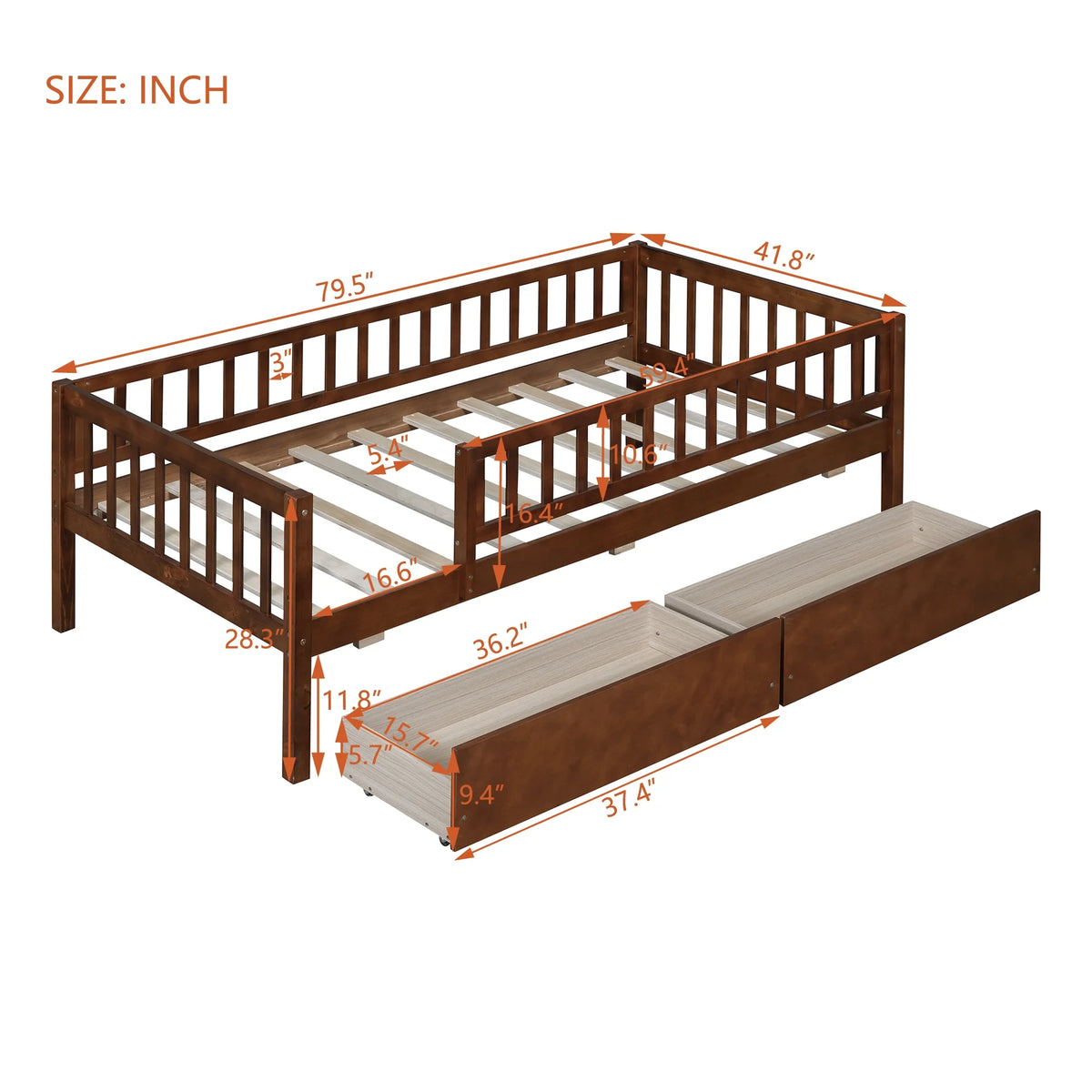 Holaki Twin Size Wood Bed with Guardrails and 2 Storage Drawers for Kids, Gray