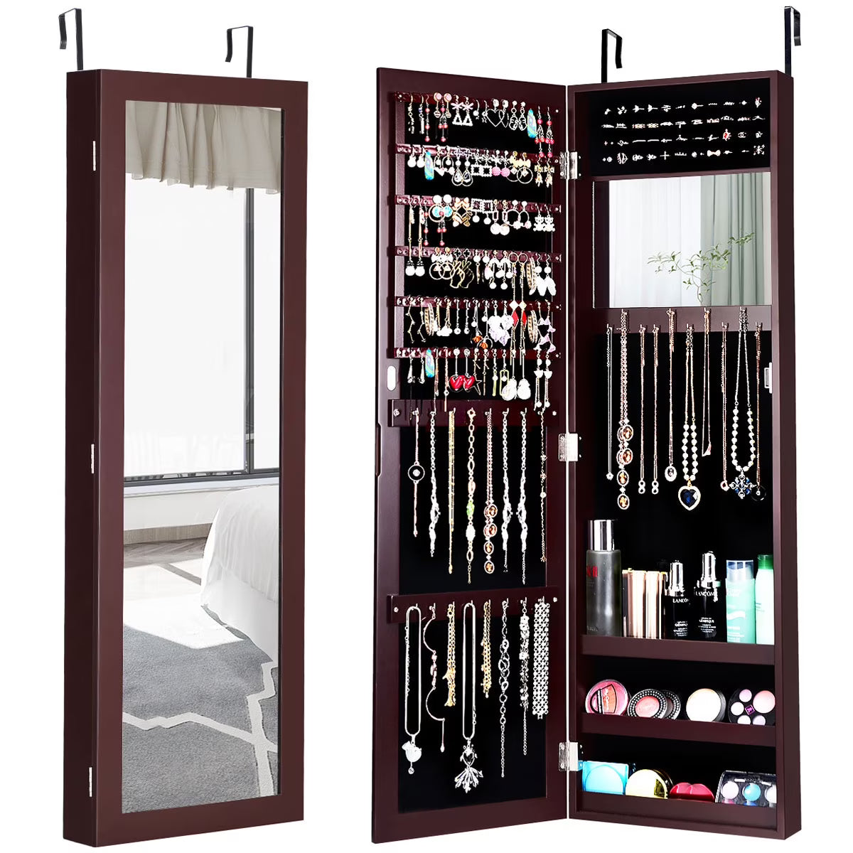 Costway Wall Door Mounted Mirrored Jewelry Cabinet Storage Organizer-Black