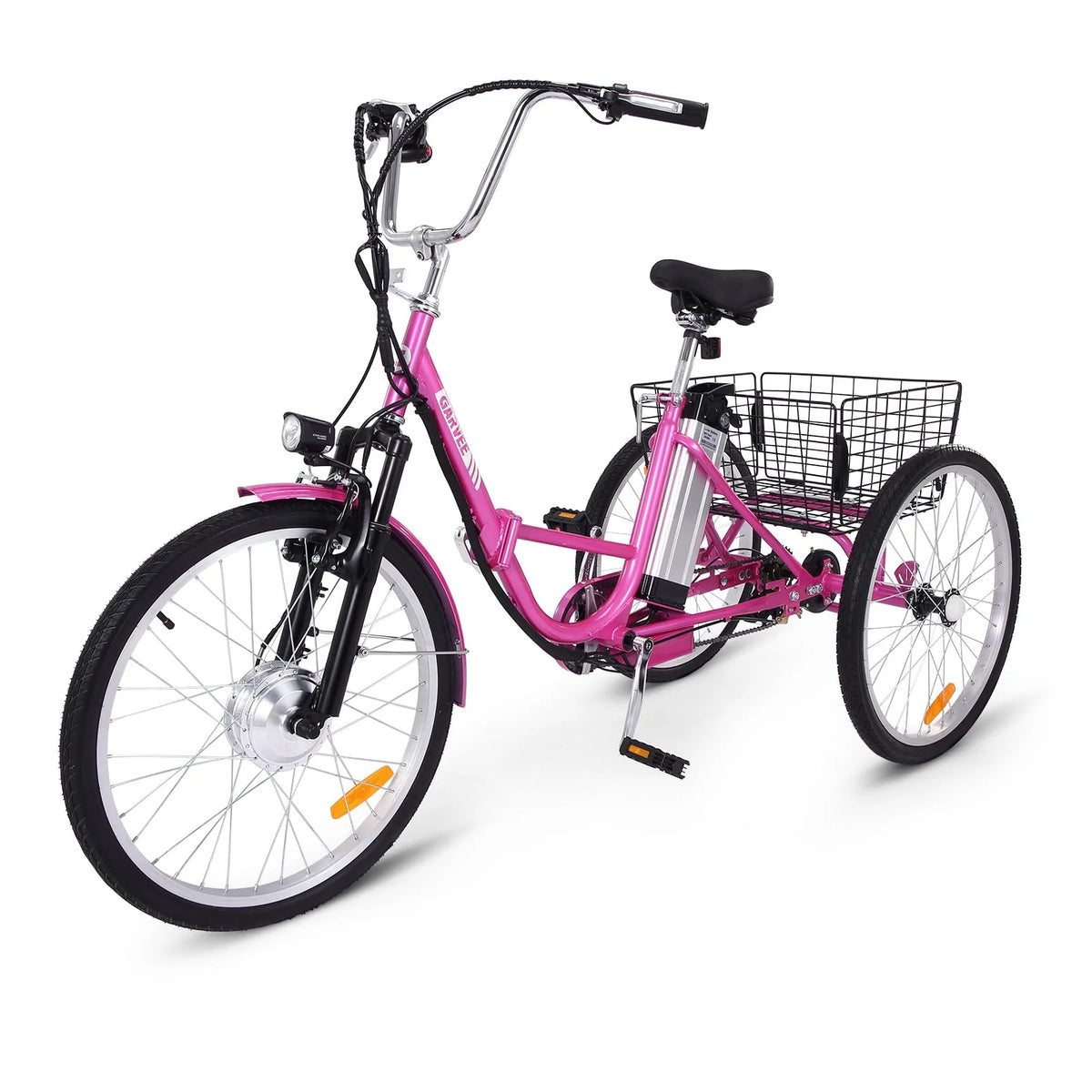 Electric Tricycle for Adults, 7 Speeds Folding Electric Trike, 24 Inch 3 Wheel Motorized Bicycle w/ 36V 10Ah Removable Battery, E Trikes with Large Basket, 330 Loading Capacity, 250W Motor, Pink
