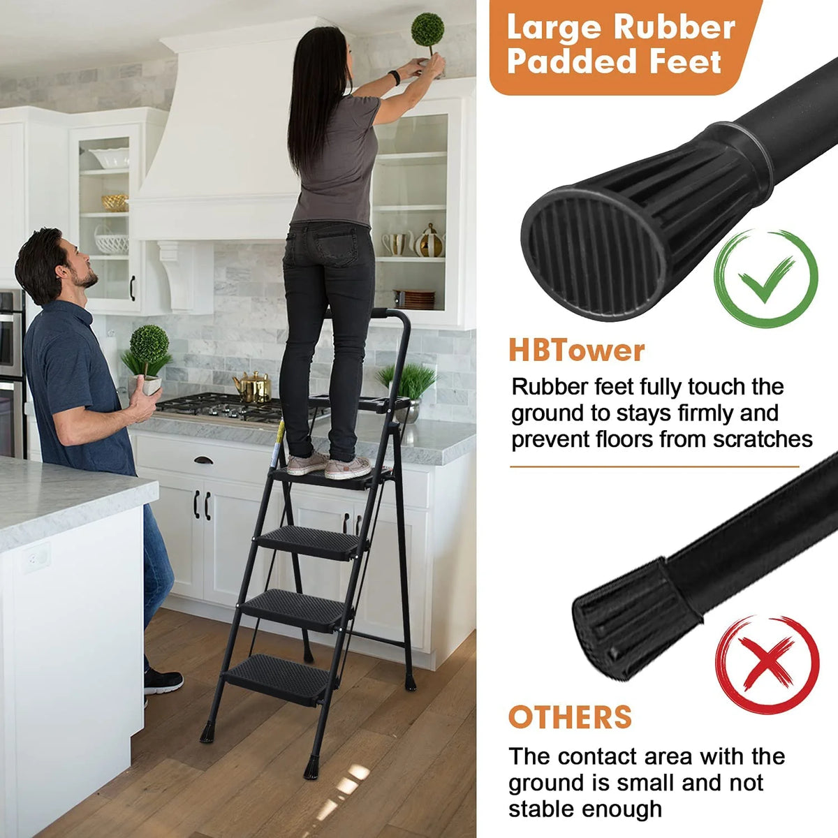 HBTower 4 Step Ladder with Handrails and Tool Bag, Folding Step Stool with Attachable Anti-Slip Wide Pedal, Black