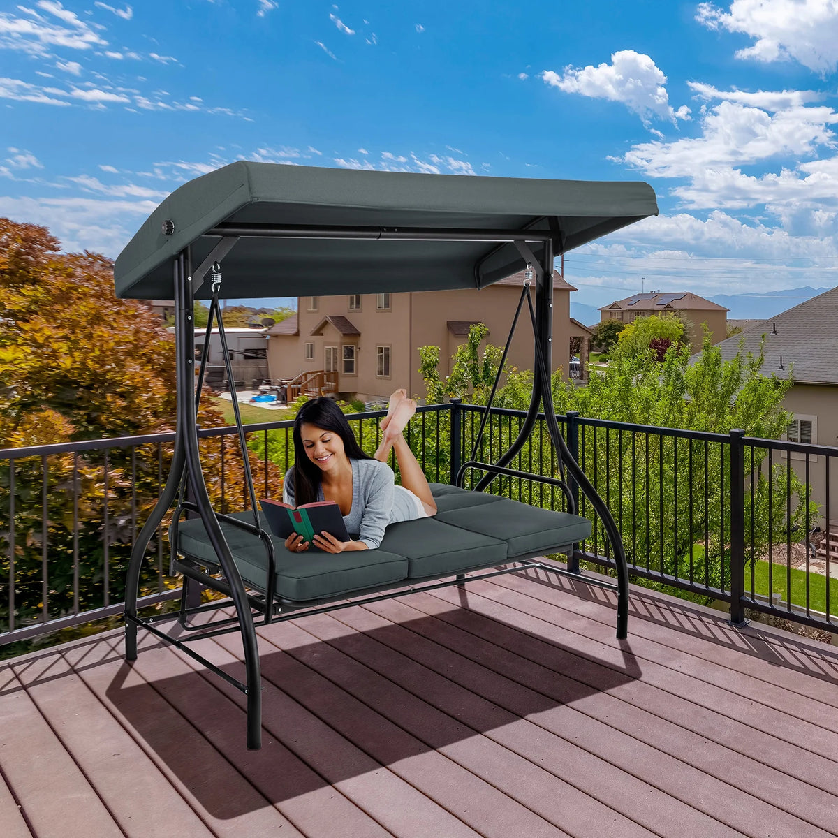 Pirecart 3 Person Patio Porch Swing Outdoor Converting Swing Glider Hammock with Adjustable Canopy, Cushions, Red