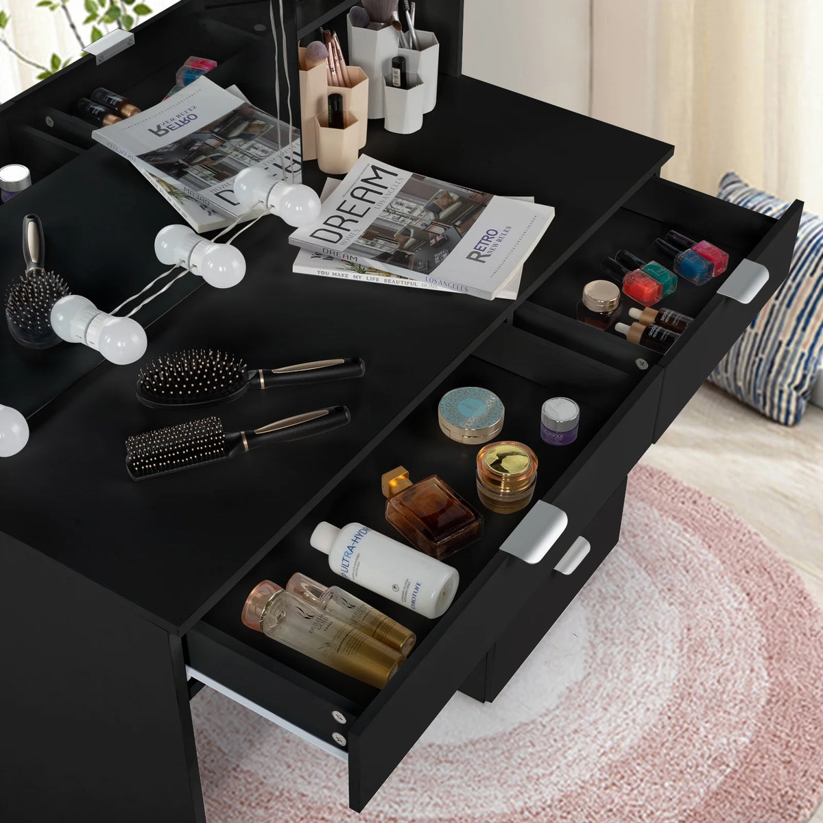 Ktaxon Vanity Set with 3 Color Lighted Mirror, Makeup Table with 6 Drawers, Dressing Table Makeup Desk with Stool, White