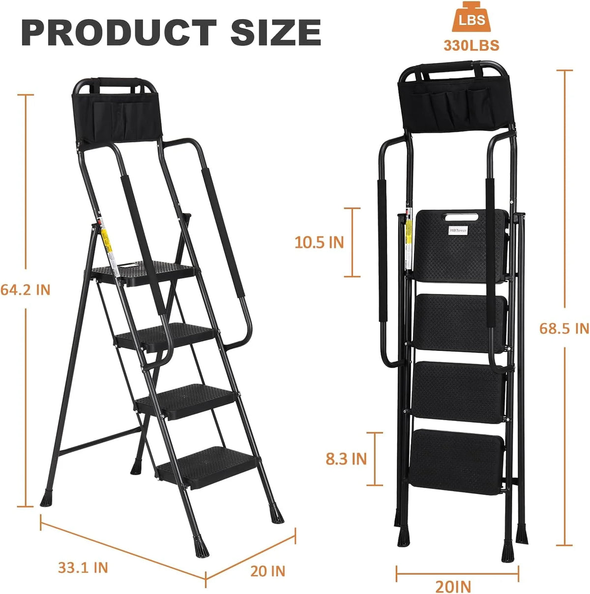 HBTower 4 Step Ladder with Handrails and Tool Bag, Folding Step Stool with Attachable Anti-Slip Wide Pedal, Black