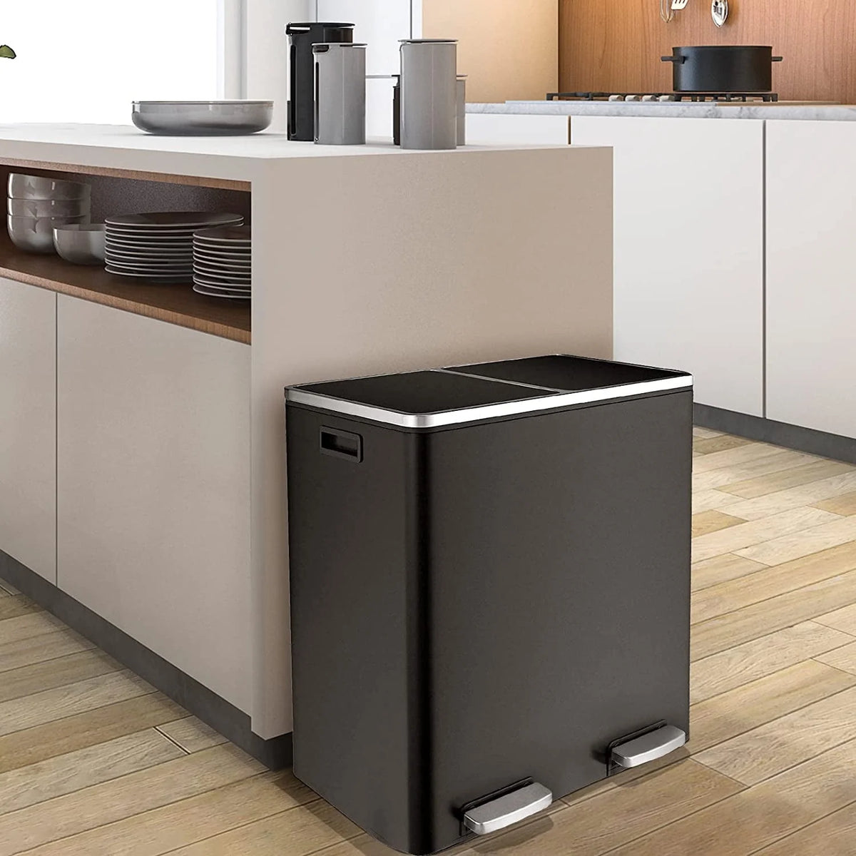 Arlopu 60 L/16 gal Dual Trash Can, Stainless Steel Garbage Can for Kitchen, Recycle Bin with Lid
