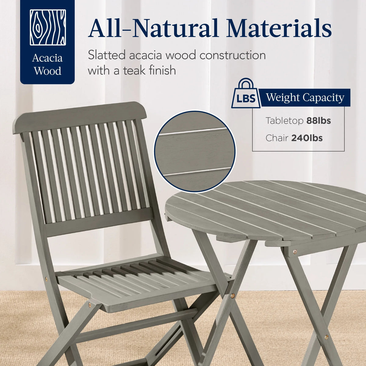 Best Choice Products 3-Piece Acacia Wood Bistro Set, Folding Patio Furniture w/ 2 Chairs, Table - Natural