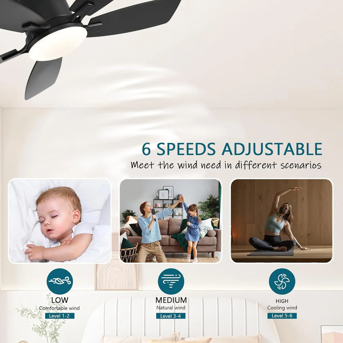 42 Inch Low Profile Ceiling Fans with Lights and Remote, Flush Mount Modern Ceiling Fan, 3 CC T DC Ceiling Fan for Bedroom, Living Room, Brushed Nickel