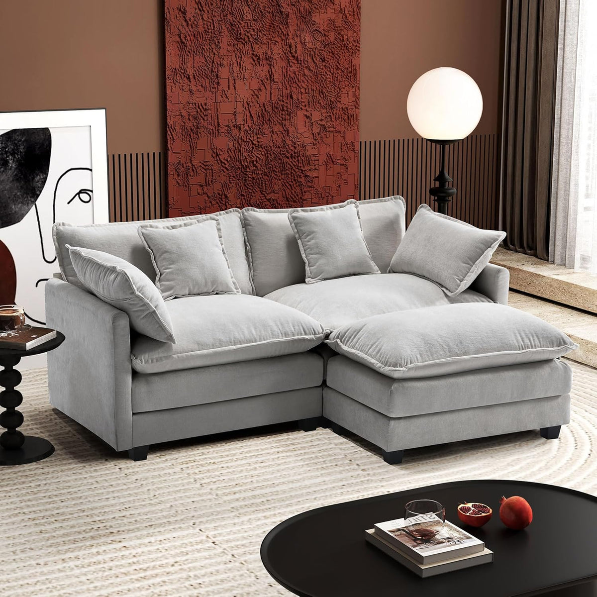 Ihanherry 146" U-Shaped Modern Sofa Modular Sectional Cloud Couch with 2 Ottoman, 6-Seat Chenille Deep Seat Sofa with 6 Pillows for Living Room, Bedroom and Apartment, Grey