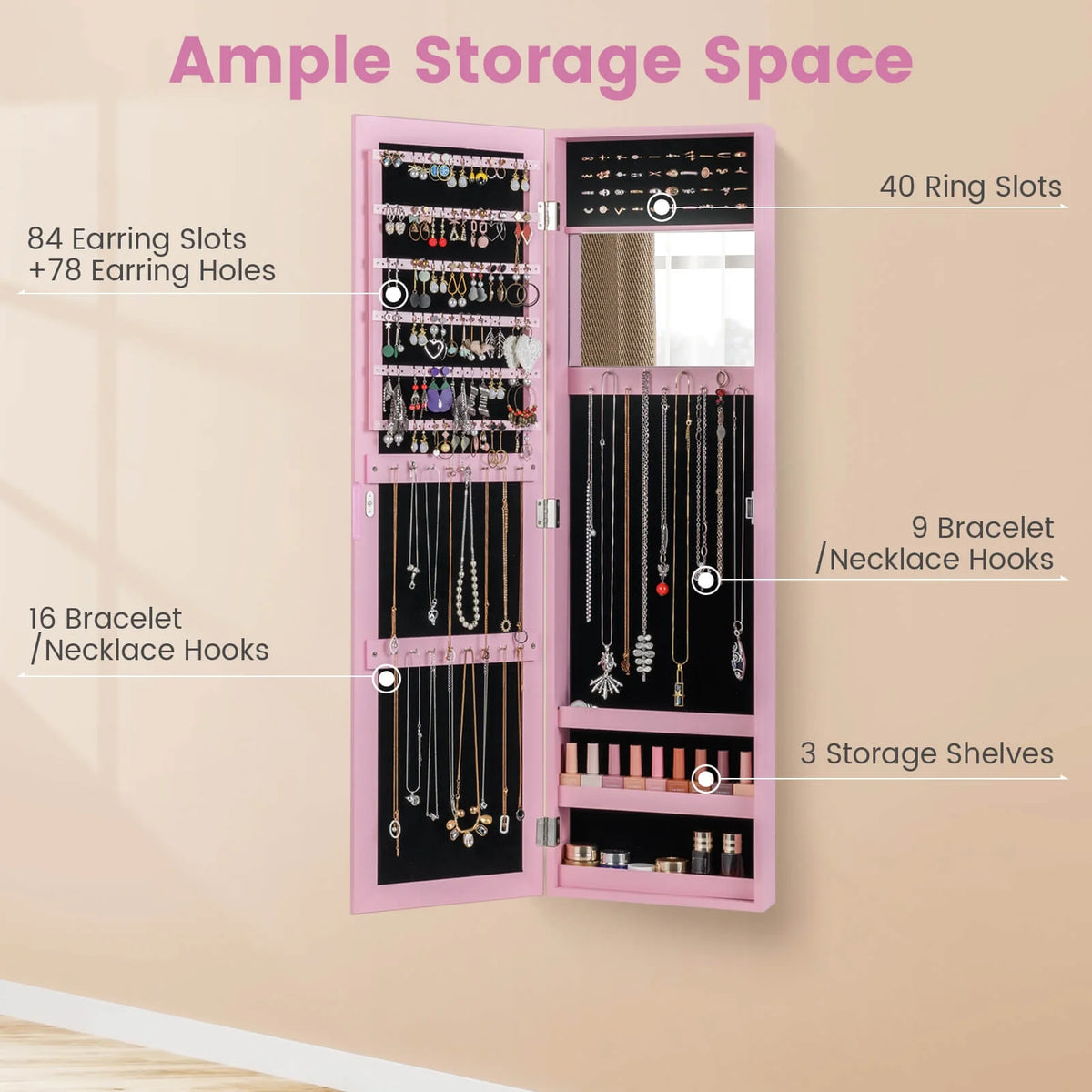 Costway Wall Door Mounted Mirrored Jewelry Cabinet Storage Organizer-Black