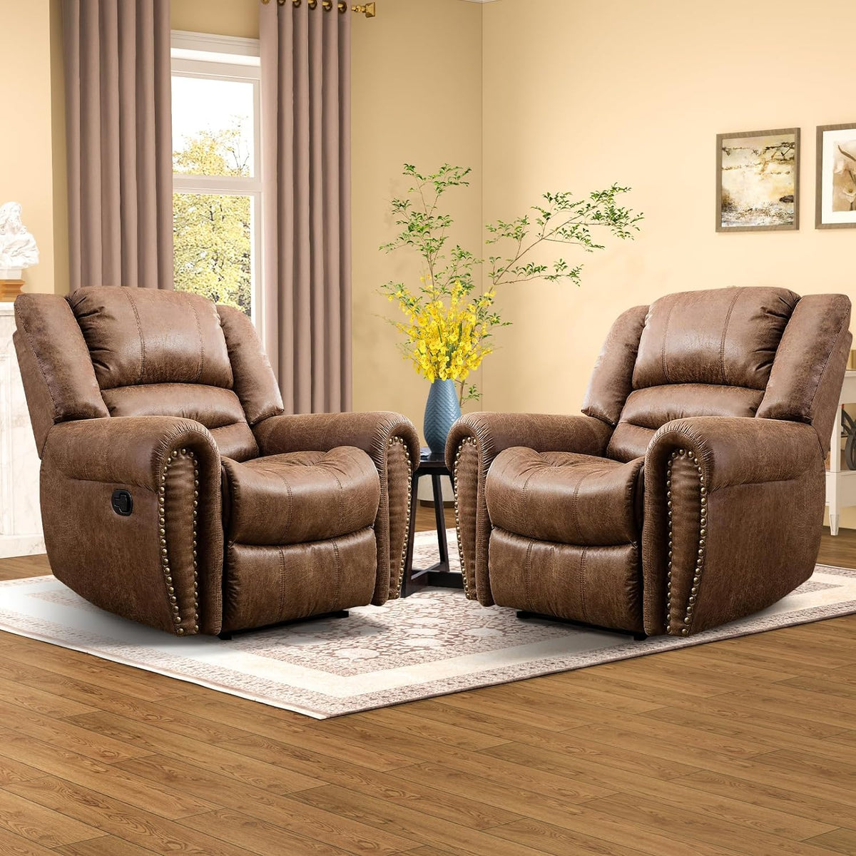 CANMOV Leather Recliner Chair, Classic and Traditional Manual Recliner Chair with Comfortable Arms and Back Single Sofa for Living Room, Nut Brown