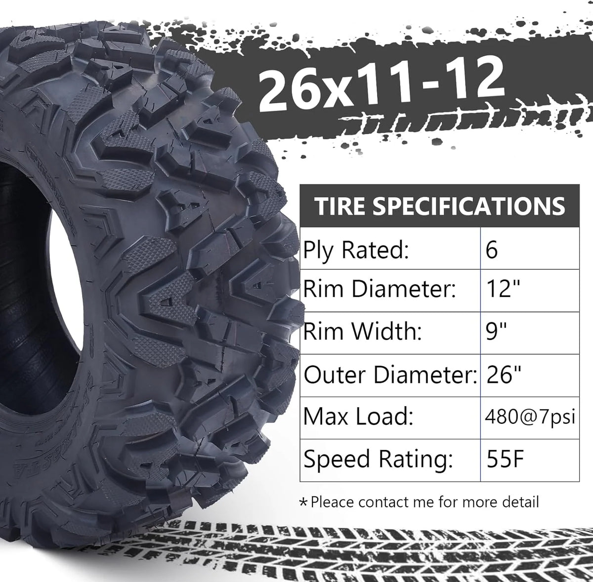26x12x12 Atv Tires, Set of 2 Atv Tires 26x12-12 6PR, All Terrain Atv/Utv Off-Road Tires, Black