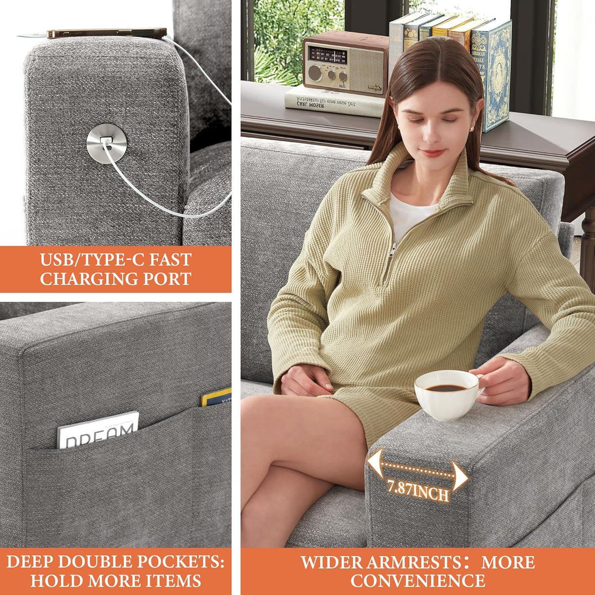 Ihanherry 146" U-Shaped Modern Sofa Modular Sectional Cloud Couch with 2 Ottoman, 6-Seat Chenille Deep Seat Sofa with 6 Pillows for Living Room, Bedroom and Apartment, Grey