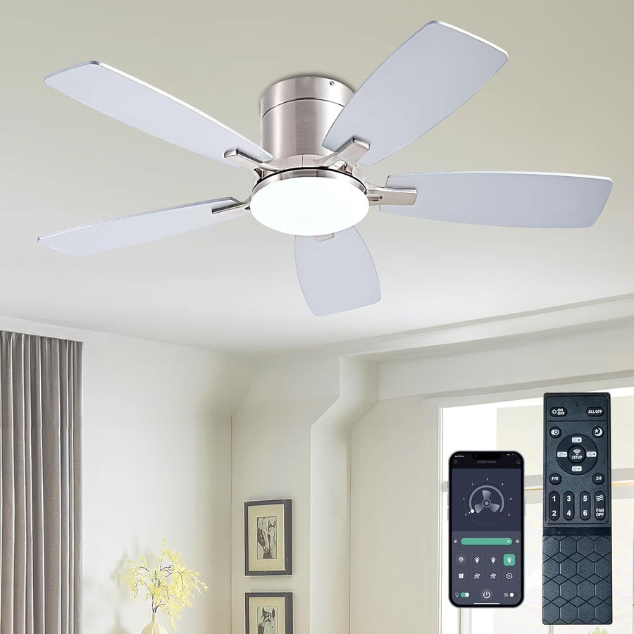 42 Inch Low Profile Ceiling Fans with Lights and Remote, Flush Mount Modern Ceiling Fan, 3 CC T DC Ceiling Fan for Bedroom, Living Room, Brushed Nickel