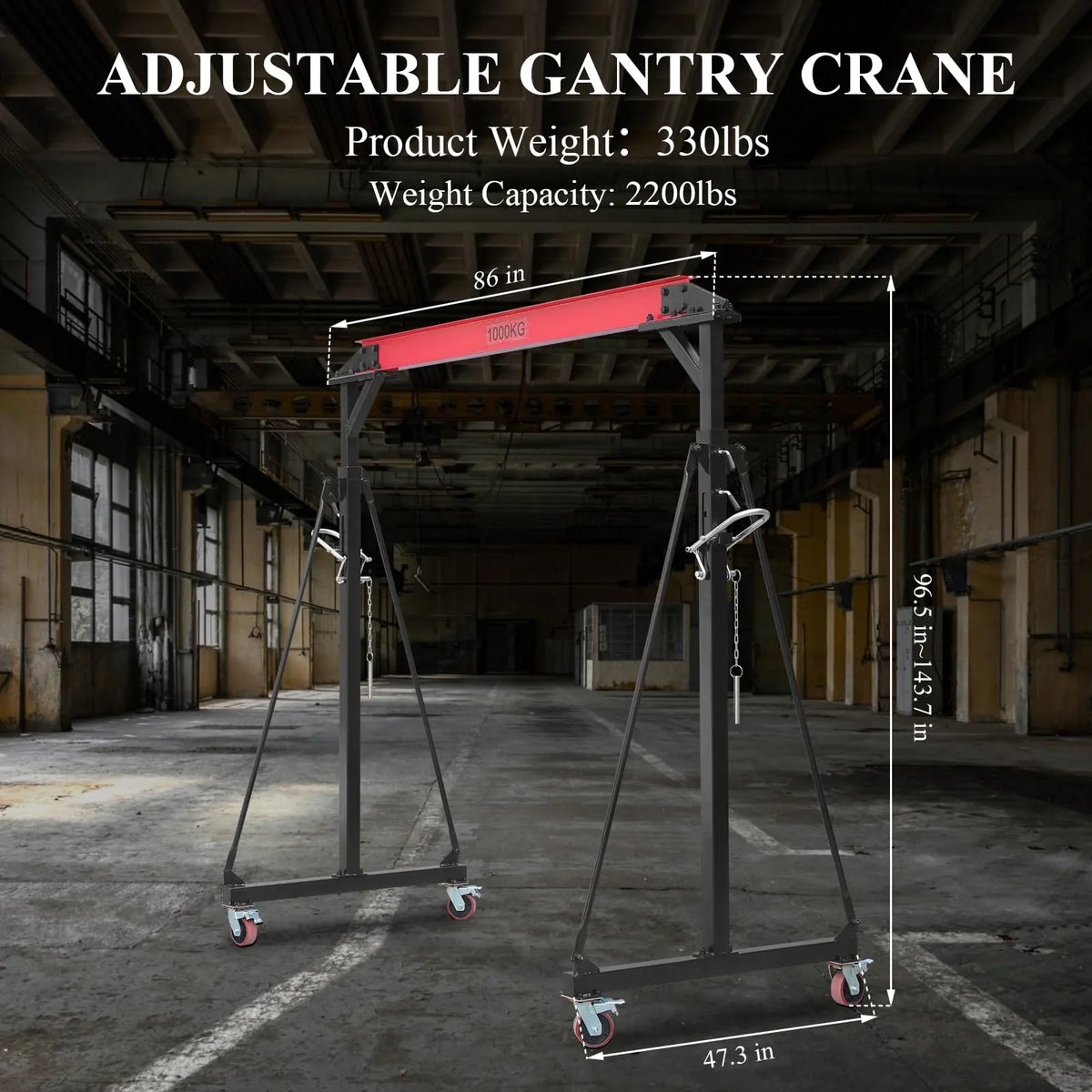 2025 1 Ton Adjustable Gantry Crane, 2200 lbs Capacity, Height Adjustable 96.5"-143.7", Portable Hoist for Factory, Construction, Warehouse, Auto Repair