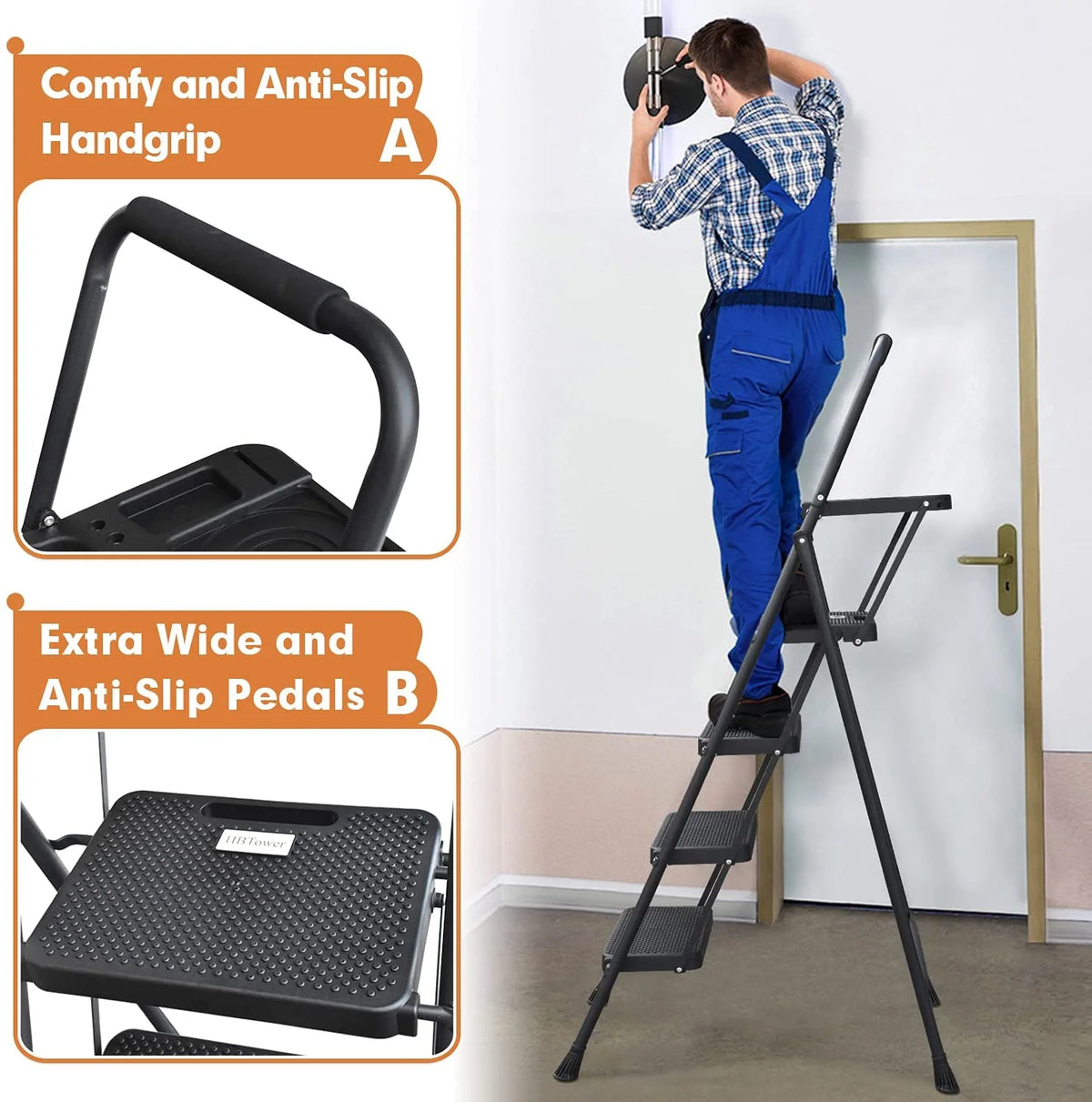 HBTower 4 Step Ladder with Handrails and Tool Bag, Folding Step Stool with Attachable Anti-Slip Wide Pedal, Black