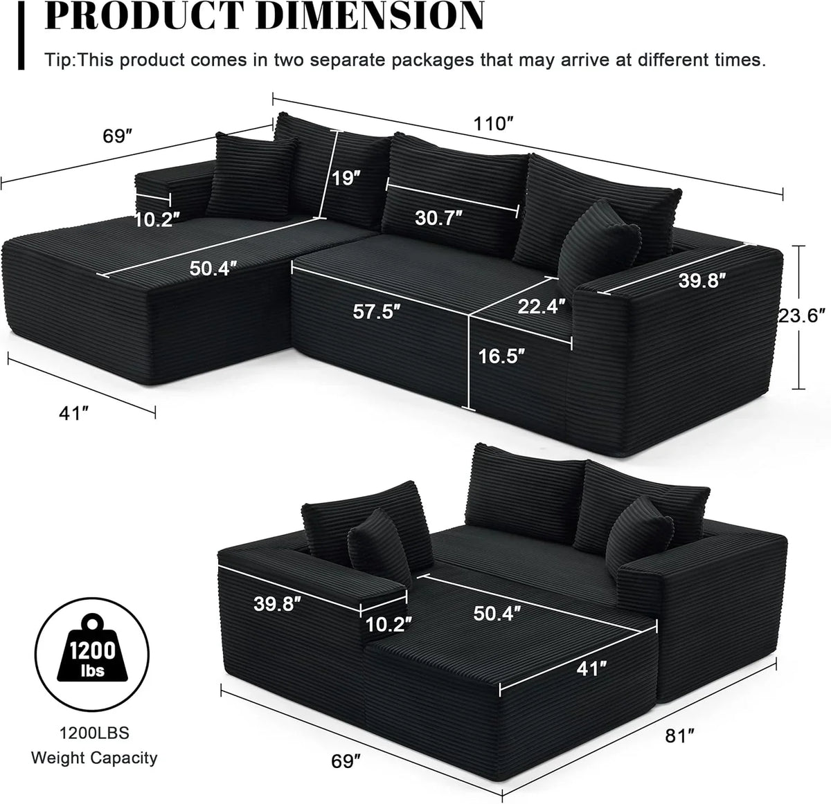 110 Cloud Sectional Couch, Boneless Sofa for Living Room Modular Sectional Sofa with Deep Seat