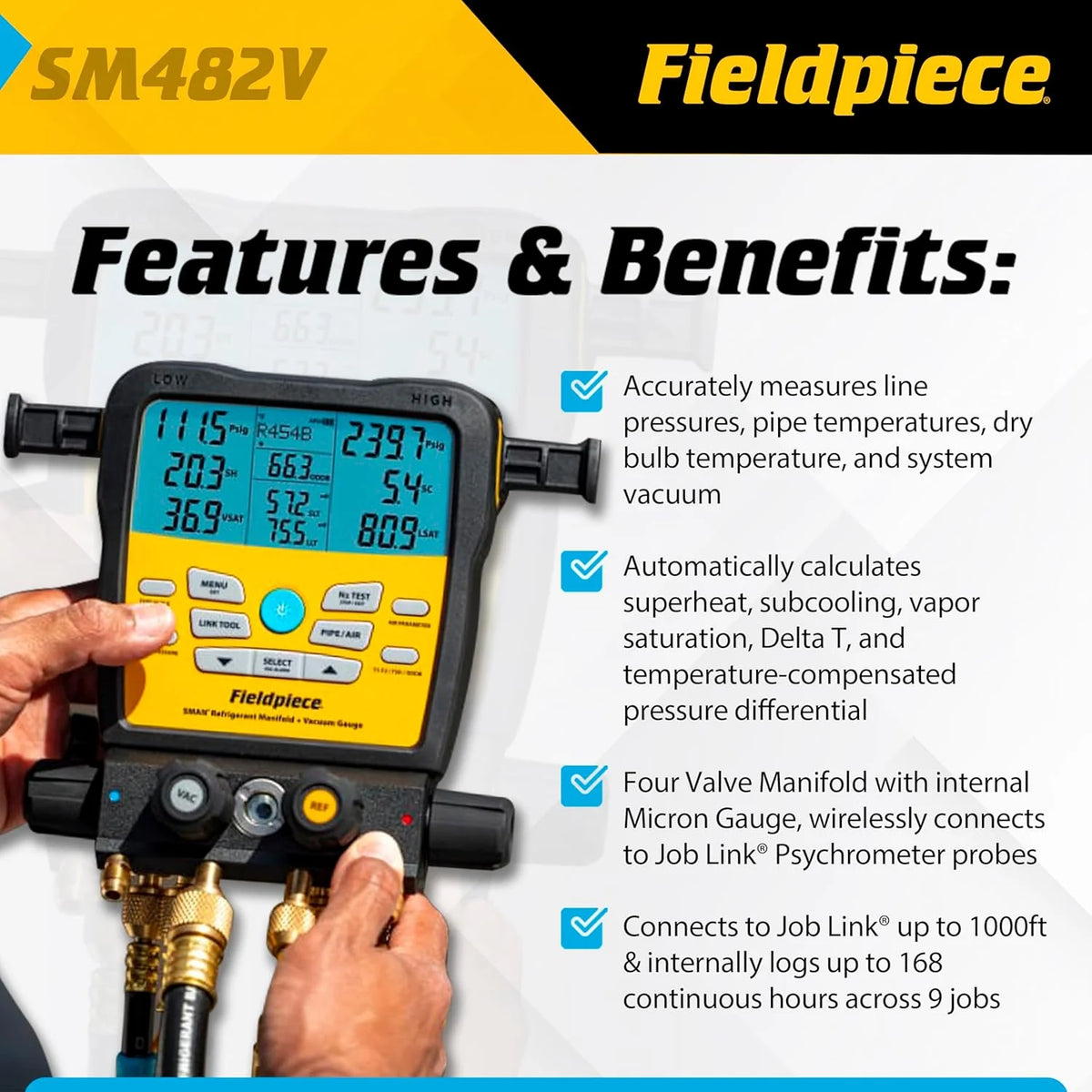 Fieldpiece SM482V Wireless 4-Port SMAN Manifold with Vacuum Gauge