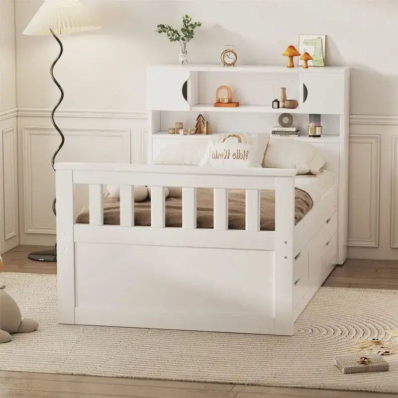 Twin/Full Size Captain Platform Bed with 4 Drawers and Storage Shelves, Solid Wood Bed Frame with Storage Bookcase Headboard