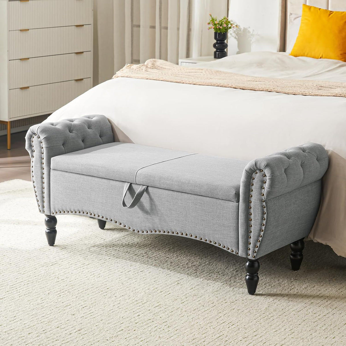 Furniliving Modern Storage Ottoman Bench, Sherpa Ottoman End of Bed Bench with Solid Wood Legs Upholstered Ottoman Benches with Storage Indoor Bench for Living Room with Rolled Arm, Entryway, White