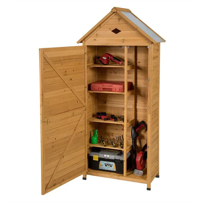 63" Wood Outdoor Storage Shed Lockable Garden Tools Storage Cabinet with 5 Shelves, Galvanized Sheet Roof