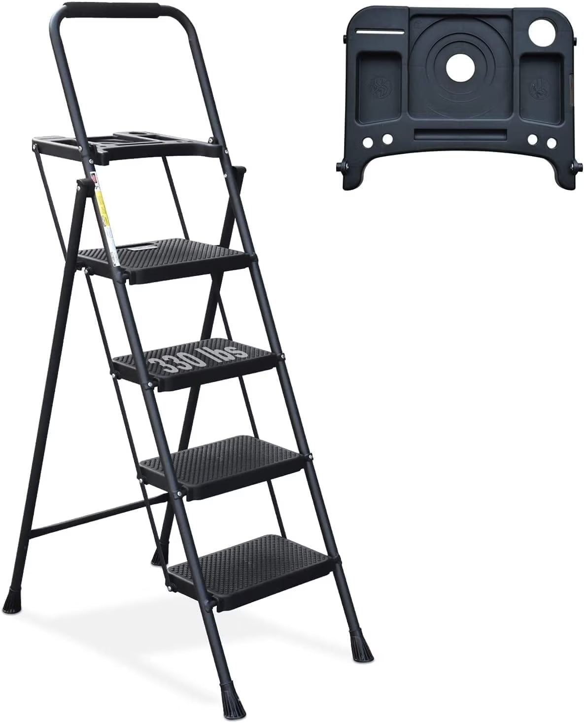 HBTower 4 Step Ladder with Handrails and Tool Bag, Folding Step Stool with Attachable Anti-Slip Wide Pedal, Black