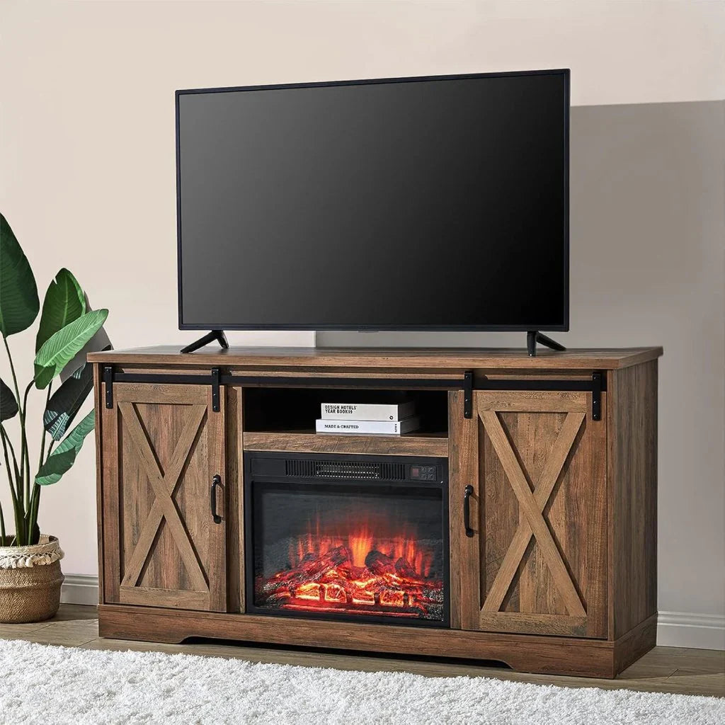 AMERLIFE Fireplace TV Stand with Sliding Barn Door for TVs up to 73", Farmhouse 63" Fireplace Entertainment Center with Storage Cabinets/Adjustable Shelves