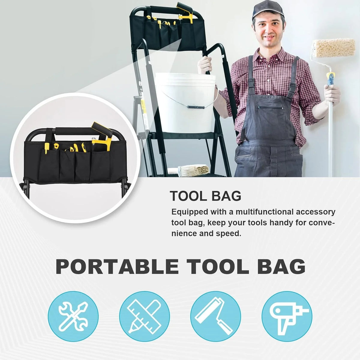 HBTower 4 Step Ladder with Handrails and Tool Bag, Folding Step Stool with Attachable Anti-Slip Wide Pedal, Black