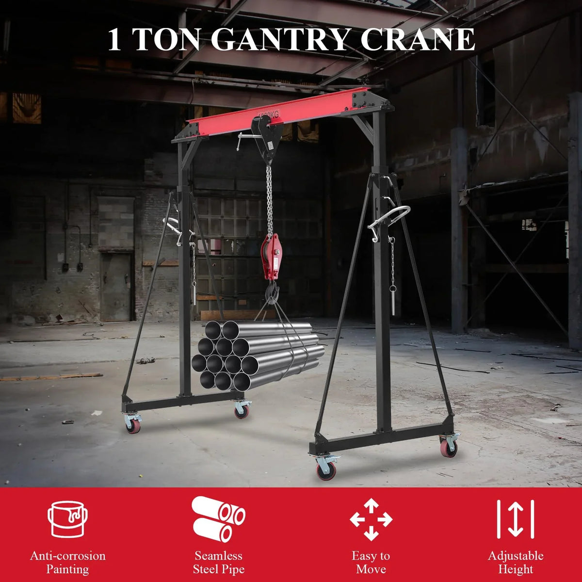 2025 1 Ton Adjustable Gantry Crane, 2200 lbs Capacity, Height Adjustable 96.5"-143.7", Portable Hoist for Factory, Construction, Warehouse, Auto Repair