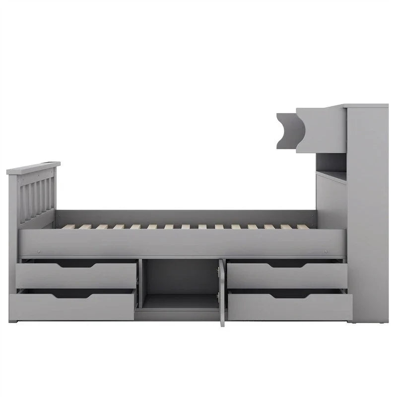 Twin/Full Size Captain Platform Bed with 4 Drawers and Storage Shelves, Solid Wood Bed Frame with Storage Bookcase Headboard