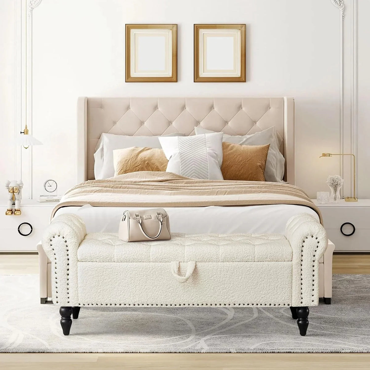 Furniliving Modern Storage Ottoman Bench, Sherpa Ottoman End of Bed Bench with Solid Wood Legs Upholstered Ottoman Benches with Storage Indoor Bench for Living Room with Rolled Arm, Entryway, White