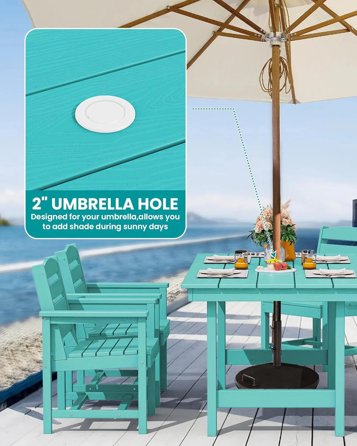 SERWALL 7-Piece Patio Table Set, Outdoor HDPE Dining Furniture with Umbrella Hole, All Weather Table and Chairs for Lawn, Garden, Poolside, Aruba