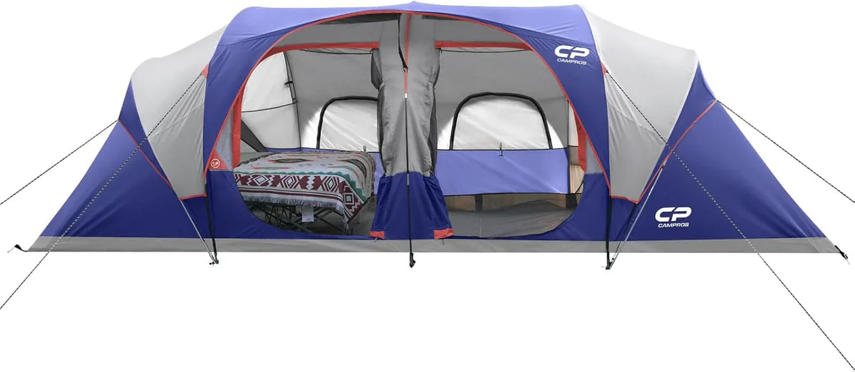 CAMPROS CP Tent 12-Person-Camping-Tents,3 Room Family Tents,Waterproof Windproof Family Tent with Top Rainfly,6 Large Mesh Windows,Double Layer,Easy Set Up, Portable with Carry Bag-20' x 9' x 72"(H)