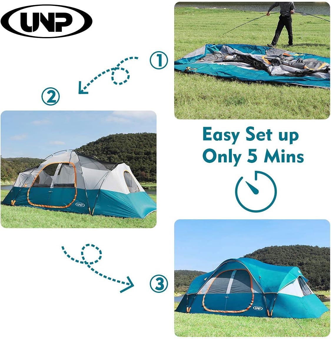 UNP Camping Tent 10-Person-Family Tents, Parties, Music Festival Tent, Big, Easy Up, 5 Large Mesh Windows, Double Layer, 2 Room, Waterproof, Weather Resistant, 18ft x 9ft x78in