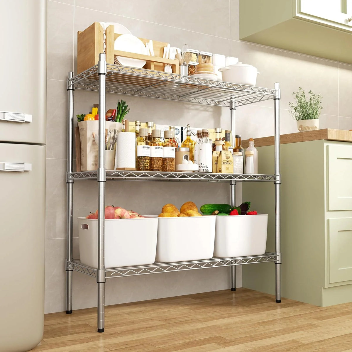 3-Shelf Storage Wire Shelves Heavy Duty 3 Tiers Standing Shelving Units Adjustable Metal Organizer Wire Rack, Chrome