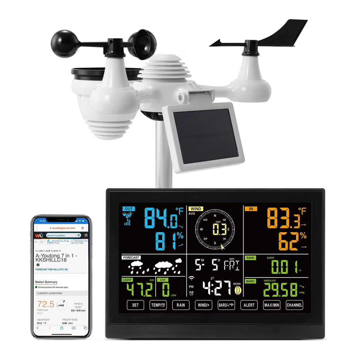 BENTISM 7 in 1 Wi-Fi Wireless Weather Station, for Indoor and Outdoor Temperature and Humidity, Wind Speed/Direction, Rainfall, with Built-in Barometer and 7.5in Digital Color Display