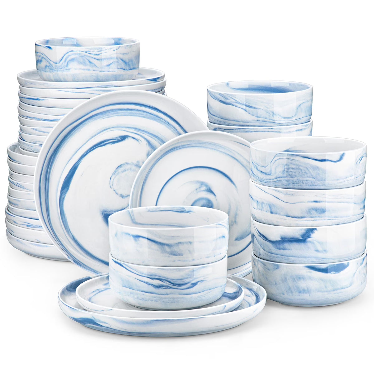 vancasso 36 Pieces Dinnerware Sets, Plates and Bowls Set for 8, Porcelain Dinner Set, White with Black Rim