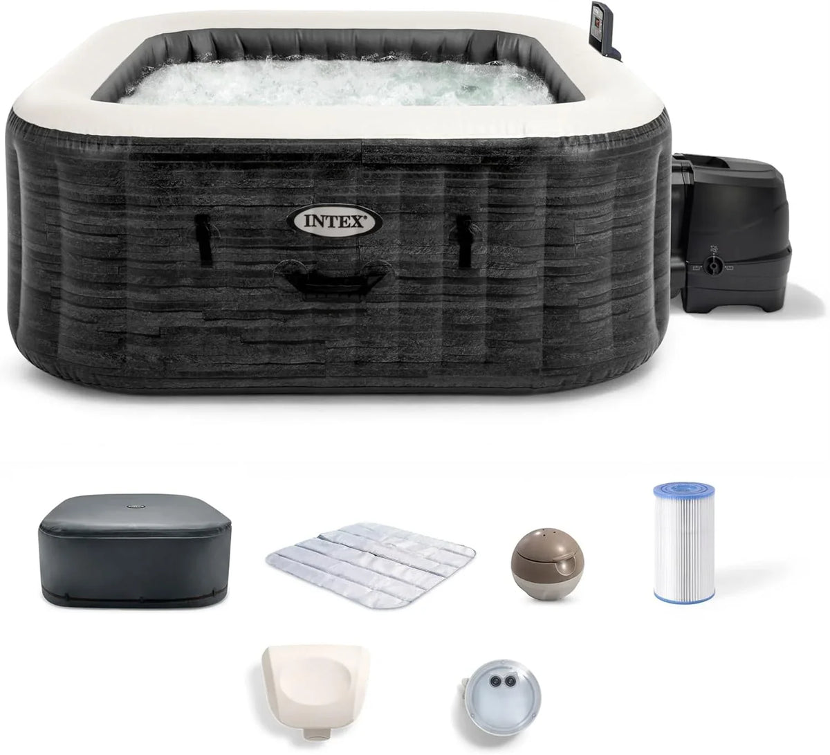 INTEX PureSpa Greystone Deluxe 4 Person Square Inflatable Hot Tub, Bubble Massage Spa