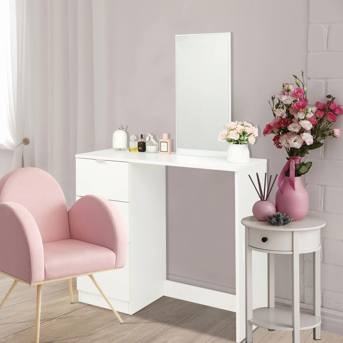Ktaxon Vanity Set with 3 Color Lighted Mirror, Makeup Table with 6 Drawers, Dressing Table Makeup Desk with Stool, White