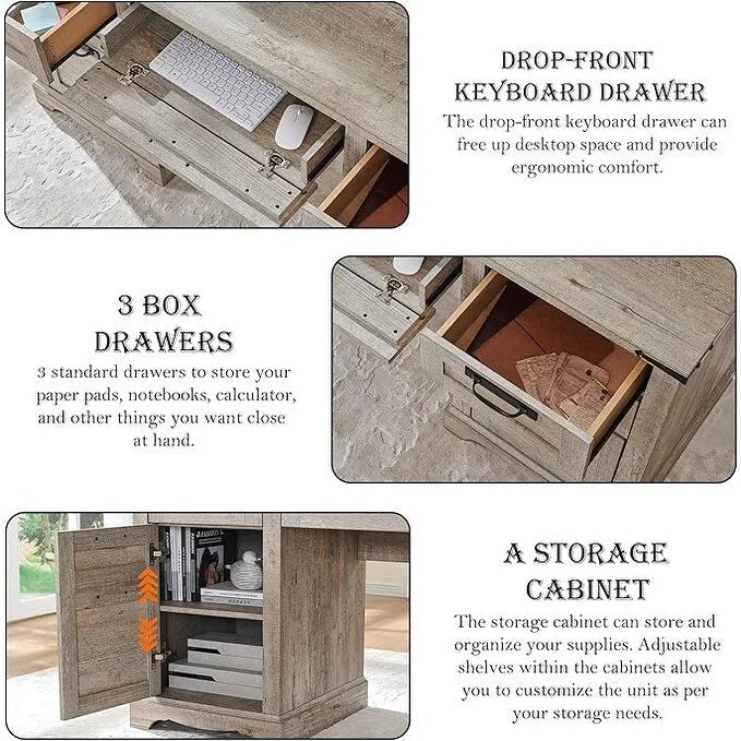60 Farmhouse Executive Desk, Wood Home Office Desk, Computer Desk