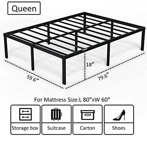 EMODA Queen Bed Frame No Box Spring Needed 18 Inch Heavy Duty Metal Tall Platform Bed Frame