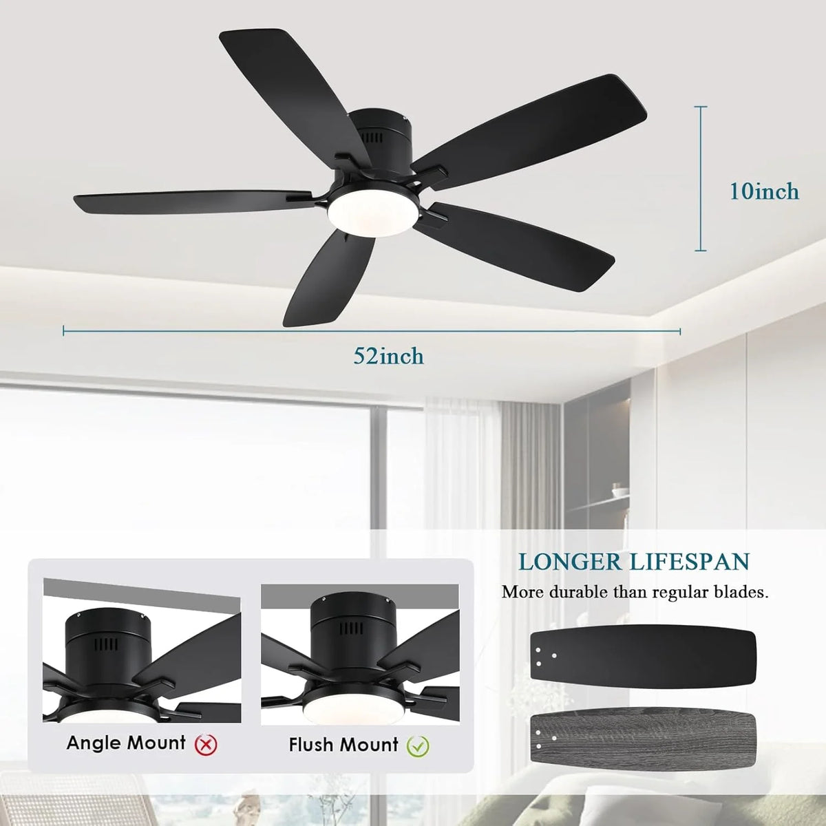 42 Inch Low Profile Ceiling Fans with Lights and Remote, Flush Mount Modern Ceiling Fan, 3 CC T DC Ceiling Fan for Bedroom, Living Room, Brushed Nickel