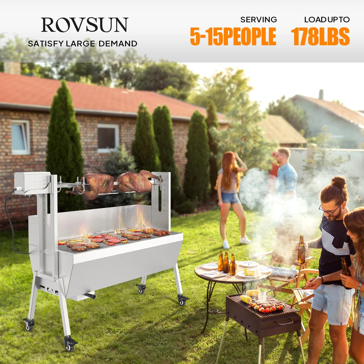 RovSun 46 Electric Rotisserie Grill 176 lbs Capacity 25w Pig Lamb Spit Roaster Rotisserie w/Lockable Wheels Wind Baffle with Adjustable Height