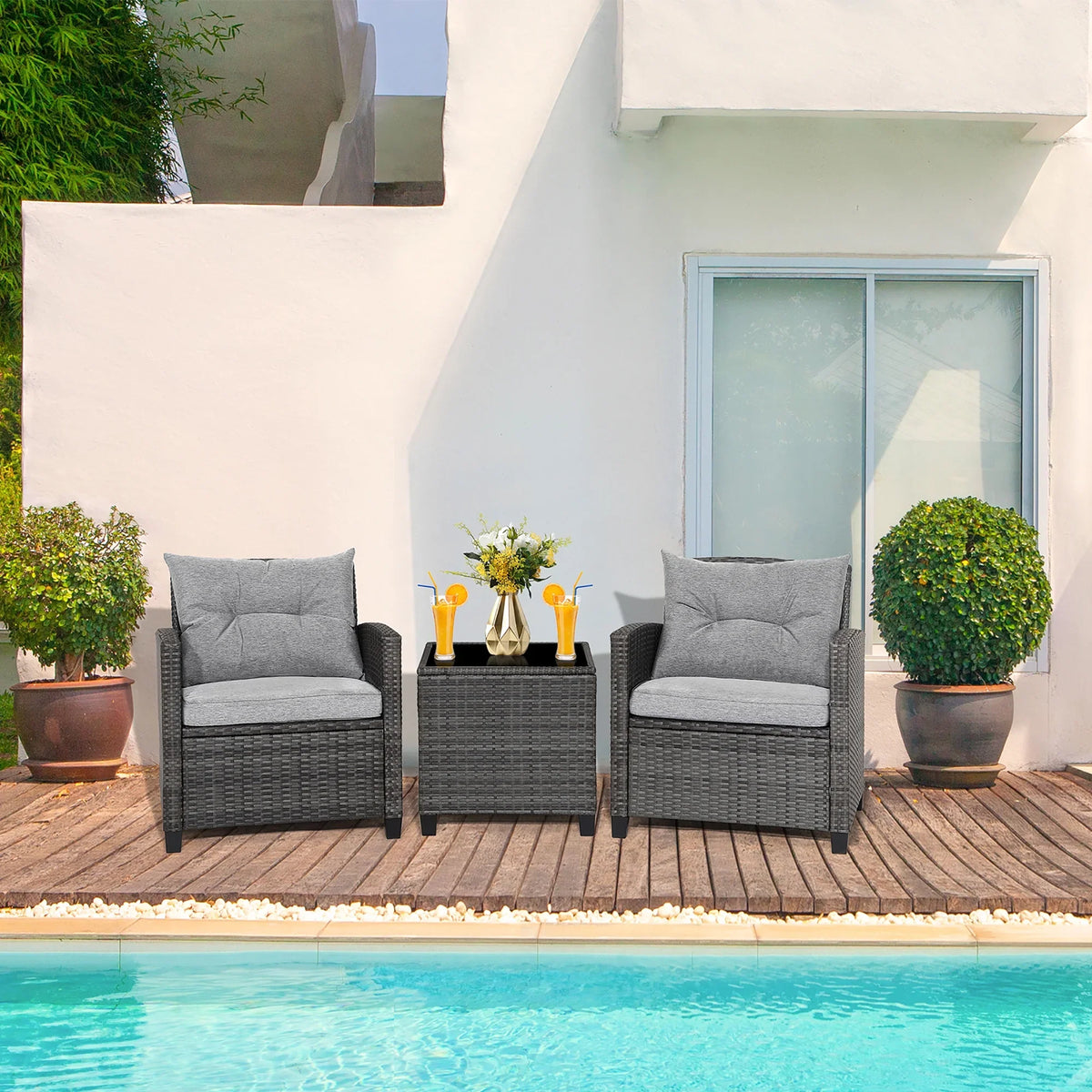 Gymax 3PCS Patio Rattan Sofa Set Outdoor Wicker Conversation Set Glass Tabletop w/ Grey Cushion