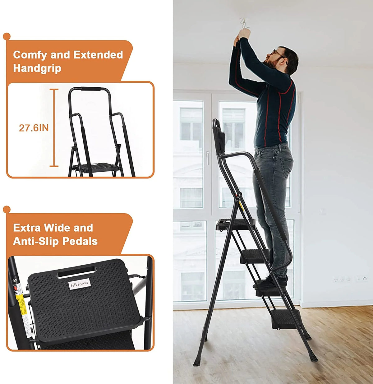 HBTower 4 Step Ladder with Handrails and Tool Bag, Folding Step Stool with Attachable Anti-Slip Wide Pedal, Black