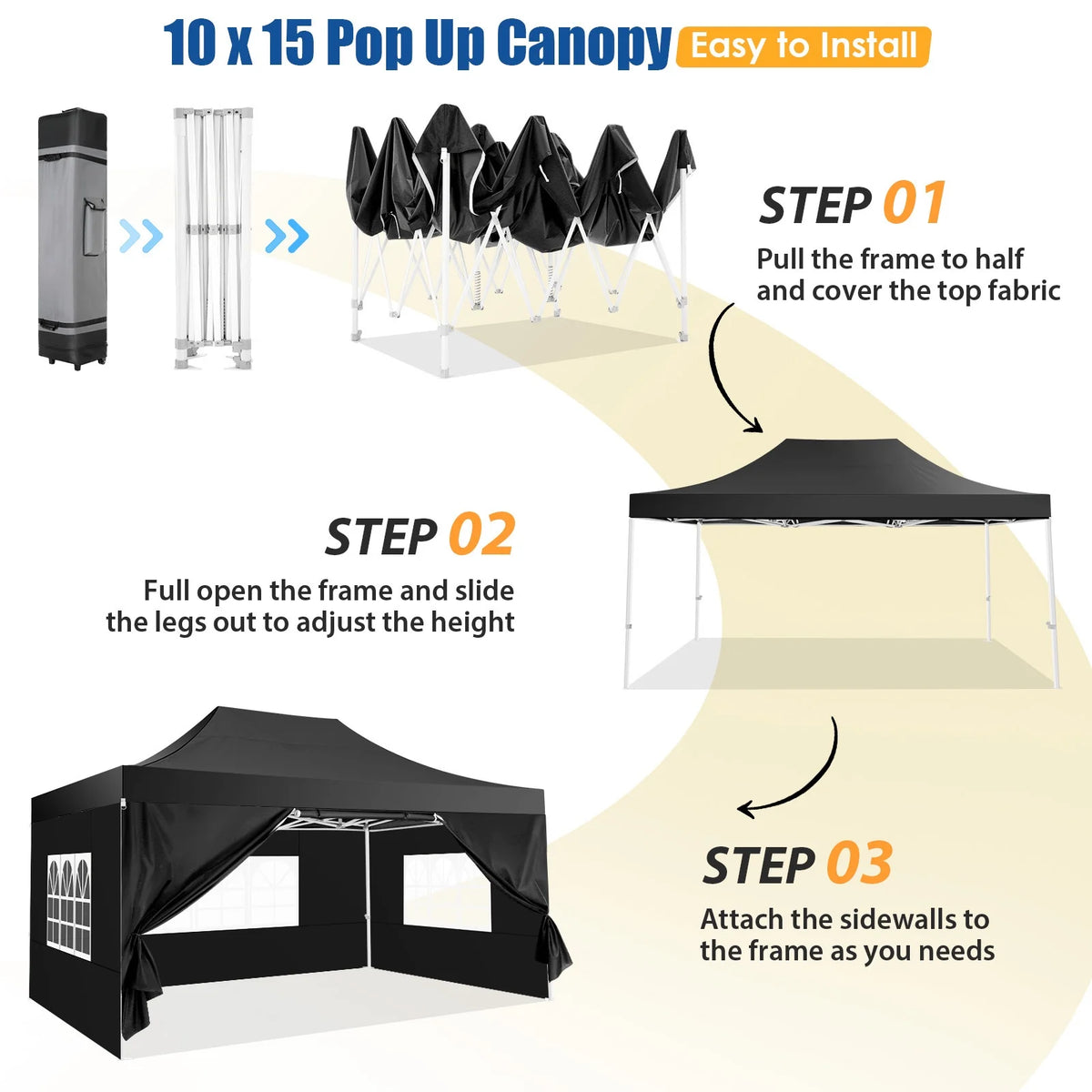 Hoteel 10x15 Heavy Duty Canopy Tent with 4 Sidewalls,Pop up Canopy for Parties Wedding,Commercial Easy up Gazebo with Roller Bag,UV 50+ &,Black
