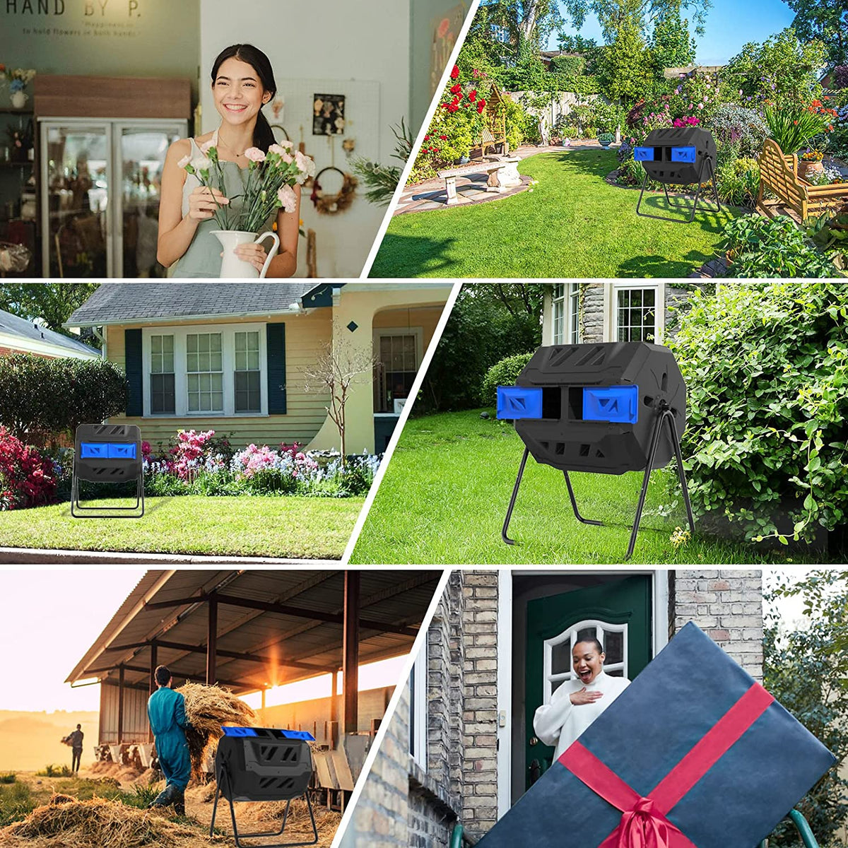 Large Compost Tumbler Bin Dual Compartment Better AirCirculation Efficient Compost BPA Free Sturdy Steel Frame 43Gallon (2 21.5Gal) Blue Door