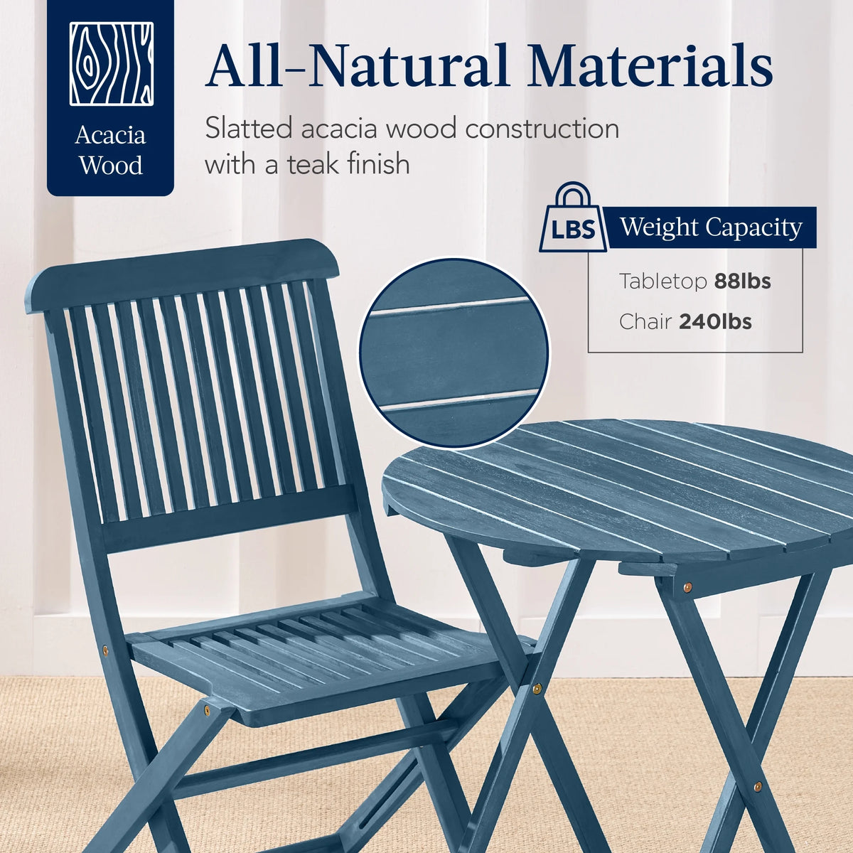Best Choice Products 3-Piece Acacia Wood Bistro Set, Folding Patio Furniture w/ 2 Chairs, Table - Natural