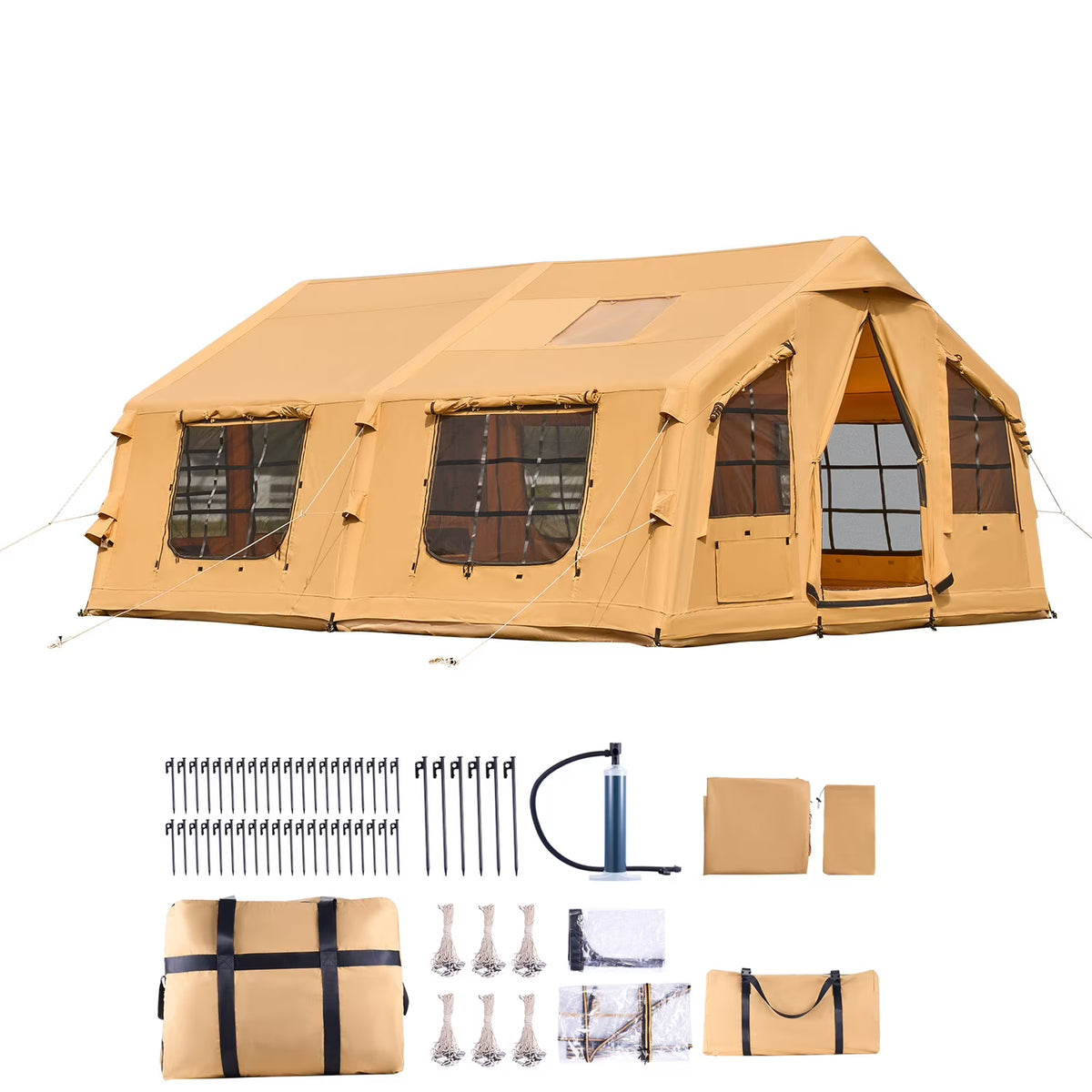 KFFKFF Inflatable Tent for Camping, 15.75 x 11.81 x 7.22 Ft Glamping Blow up Tent for 8-12 People, Air-Filled Camping Shelters, Outdoor Living Tent with Dual Sunroofs, Stove Jack