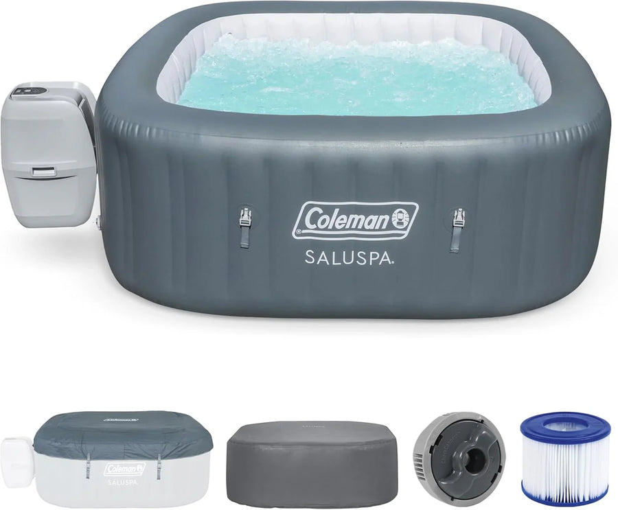 Coleman SaluSpa Atlantis AirJet 4 to 6 Person Inflatable Hot Tub Square Portable Outdoor Spa with 140 Soothing Jets with Cover, Blue